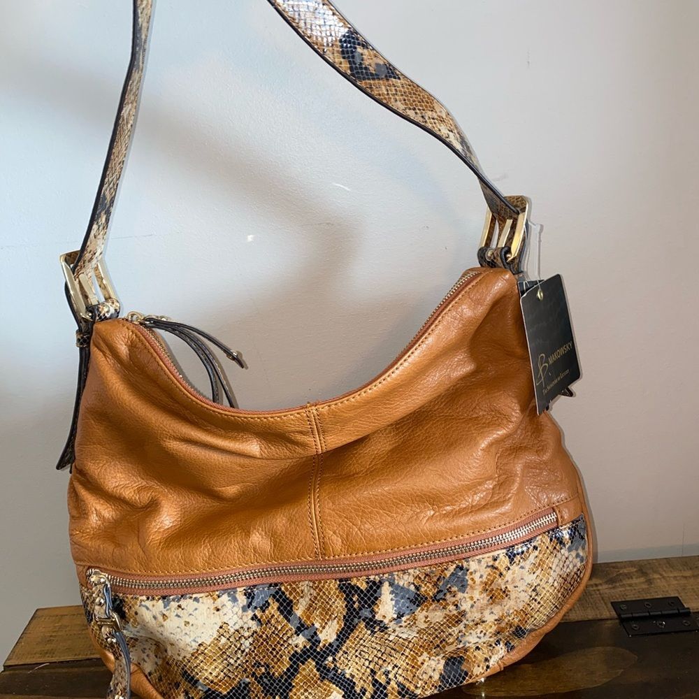 B. Makowsky Brown Leather & Snake Skin Embossed Leather Hobo Bag NWT